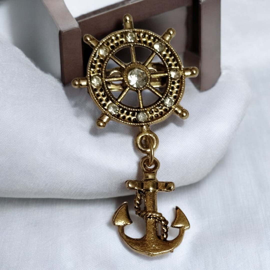Brass Ship Wheel Anchor Brooch