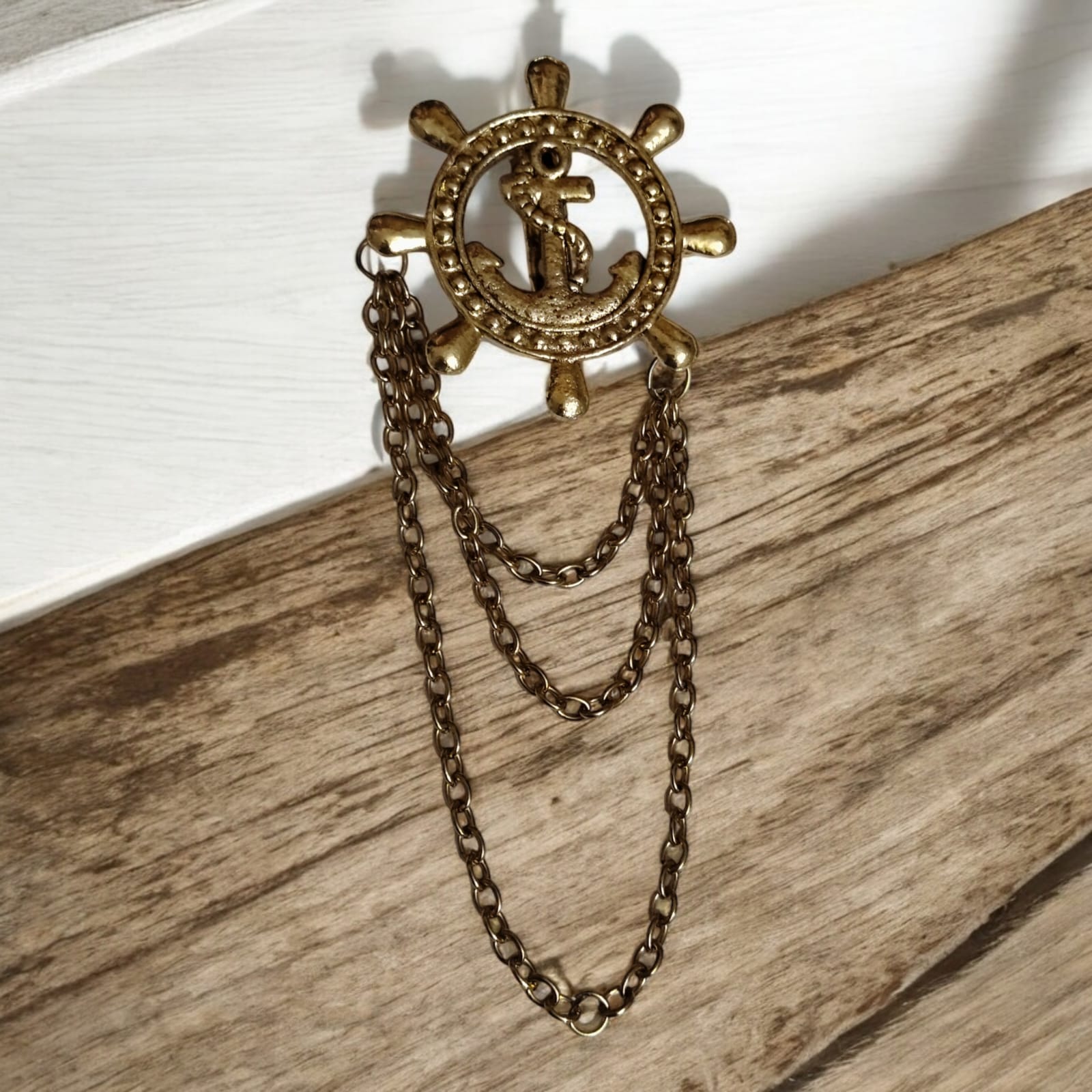 Brass Ship Wheel & Anchor Chain Brooch