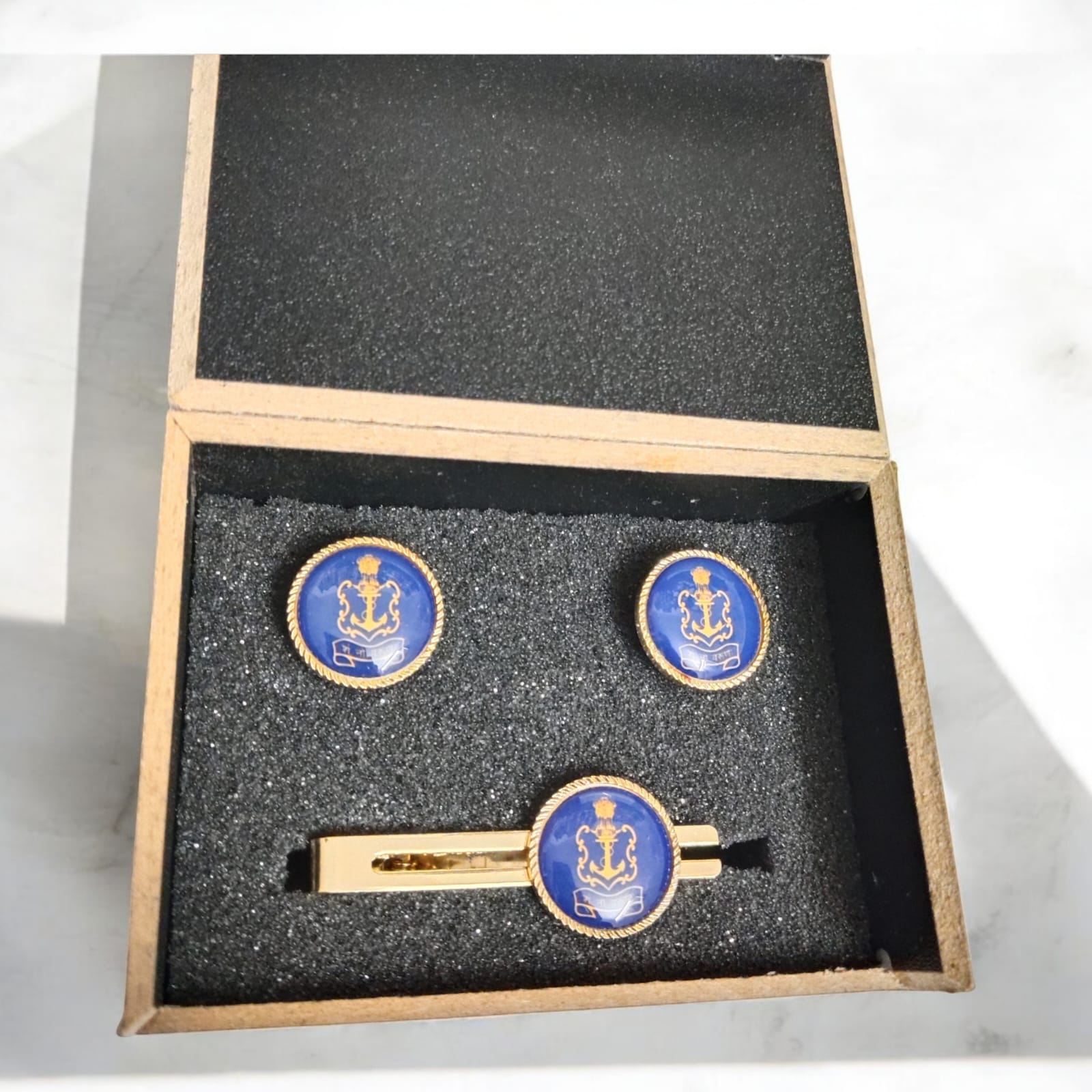 Indian Navy Circular Brass Tie Pin & Cufflin Set